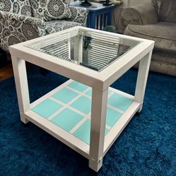 White And Turquoise Glass Top End Table