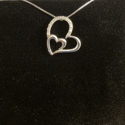 New - White Gold Diamond Necklace - Double Heart - 18” Chain - 14K Gold Over Sterling Silver
