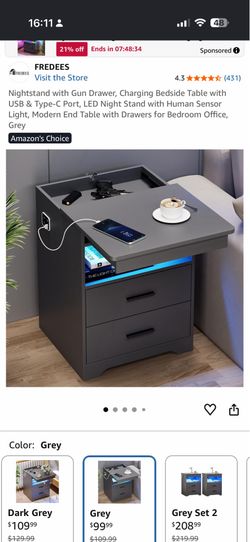 Nightstand with Gun Drawer, Charging Bedside Table with USB & Type-C Port, LED Night Stand with Human Sensor Light, Modern End Table with Drawers for 