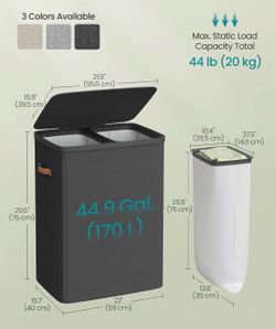 SONGMICS 170L Laundry Basket Hamper 2 Removable Bags w/ Lid - Dark Gray