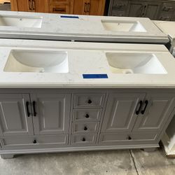 60” Bathroom Vanity in grey , double sink soft close solid wood with vanity top in white  $799  Luke’s liquidations warehouse Address:  2434 N Forsyth