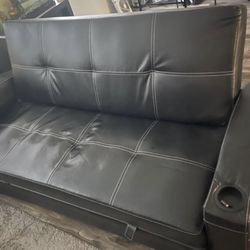 Leather Sofa Bed W Cup Holders
