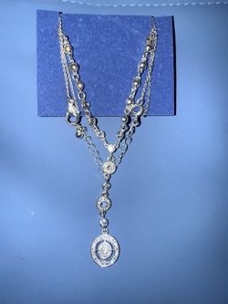 Avon Silver-Tone Rhinestone Layered Necklace – Elegant Drop Pendant