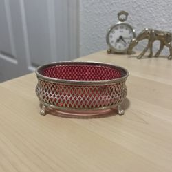Sterling Silver Cranberry/Pink Glass Open Salt/Trinket Dish, with Feet 