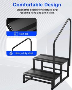 RV Steps with Handrail, Heavy Duty 2 Steps RV Stairs with Handle, Indoor/Outdoor Use for Campers, Hot Tubs, Mobile Homes, Porch with Non-Slip Tape