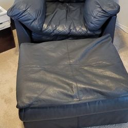 Dark Blue Leather  Chair Ottoman 