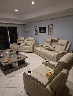 BRAND NEW BEIGE LEATHER RECLINING COUCH SET - DELIVERY AVAILABLE