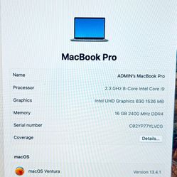 Apple MacBook Pro 15” 2019 TouchBar 2.3Ghz 8CORE i9 16GB RAM 500GB SSD Fully Functional *NO ISSUES*