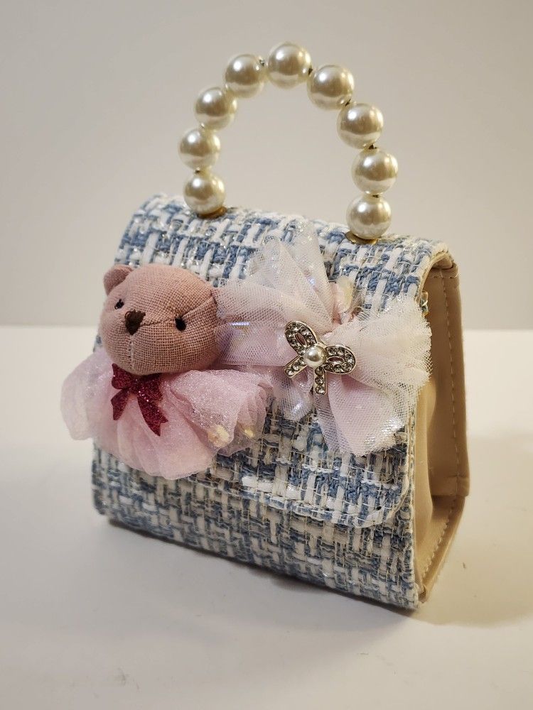 Tweed Crossbody Bag Little Girl's Cute Toy Mini Purse Lt Blue w/ Pink Bear & Bow