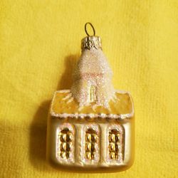 Blown Glass Church Christmas Tree Ornament Small Vintage Gold Glass Church with Gold Glitter Steeple Christmas Collectible Gift


