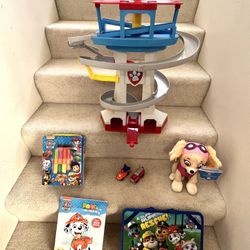 Paw Patrol Tower With 2 Cars, Set Of Board Book, New Soft Skye, Lap Table, Coloring Book ($45)