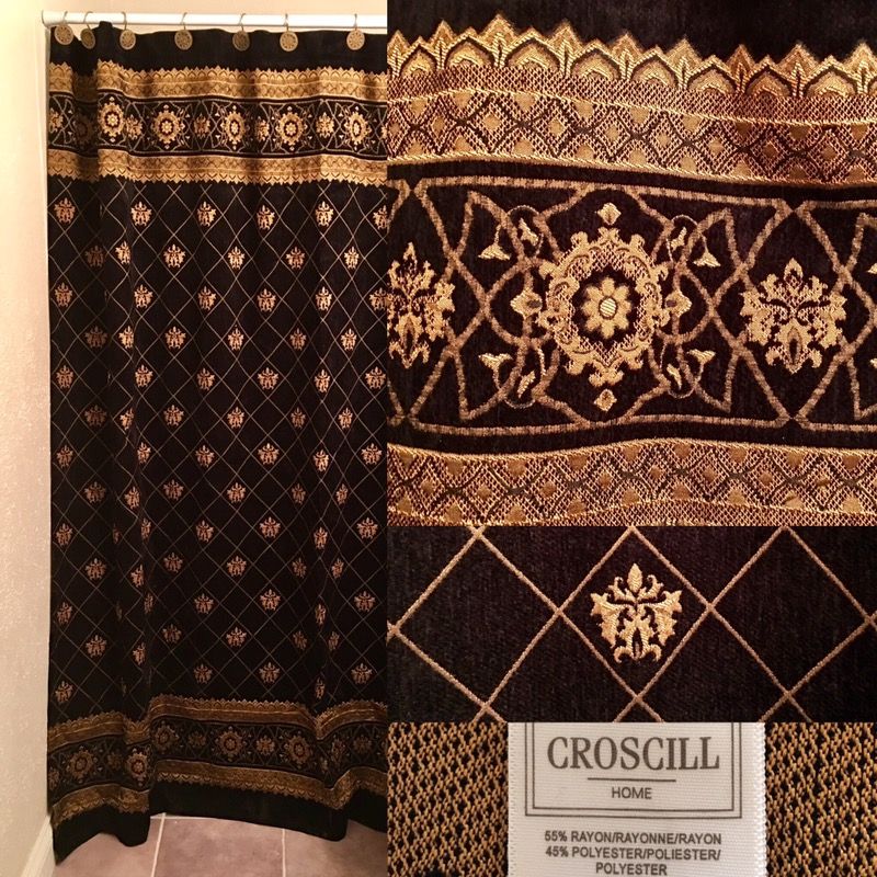 2-CROSCILL VENEZIA BLACK & GOLD THICK FABRIC SHOWER CURTAINS. I USED THEM FOR DRAPERIES. THIS DESIGN HAS BEEN DISCOUNTED. $20 each