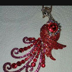 Beautiful! Red Crystal Peacock Charm w/Free Chain