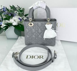 New Christian Dior Small Lady Dior Stone Cannage Leather Handbag Gray Grey