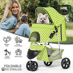 Pet Stroller, 3 Wheels, Dog Cat Stroller for Small Medium Dogs Cats, Foldable Jogger Stroller w/Storage Basket and Cup Holder, Lawn Green NEW 
