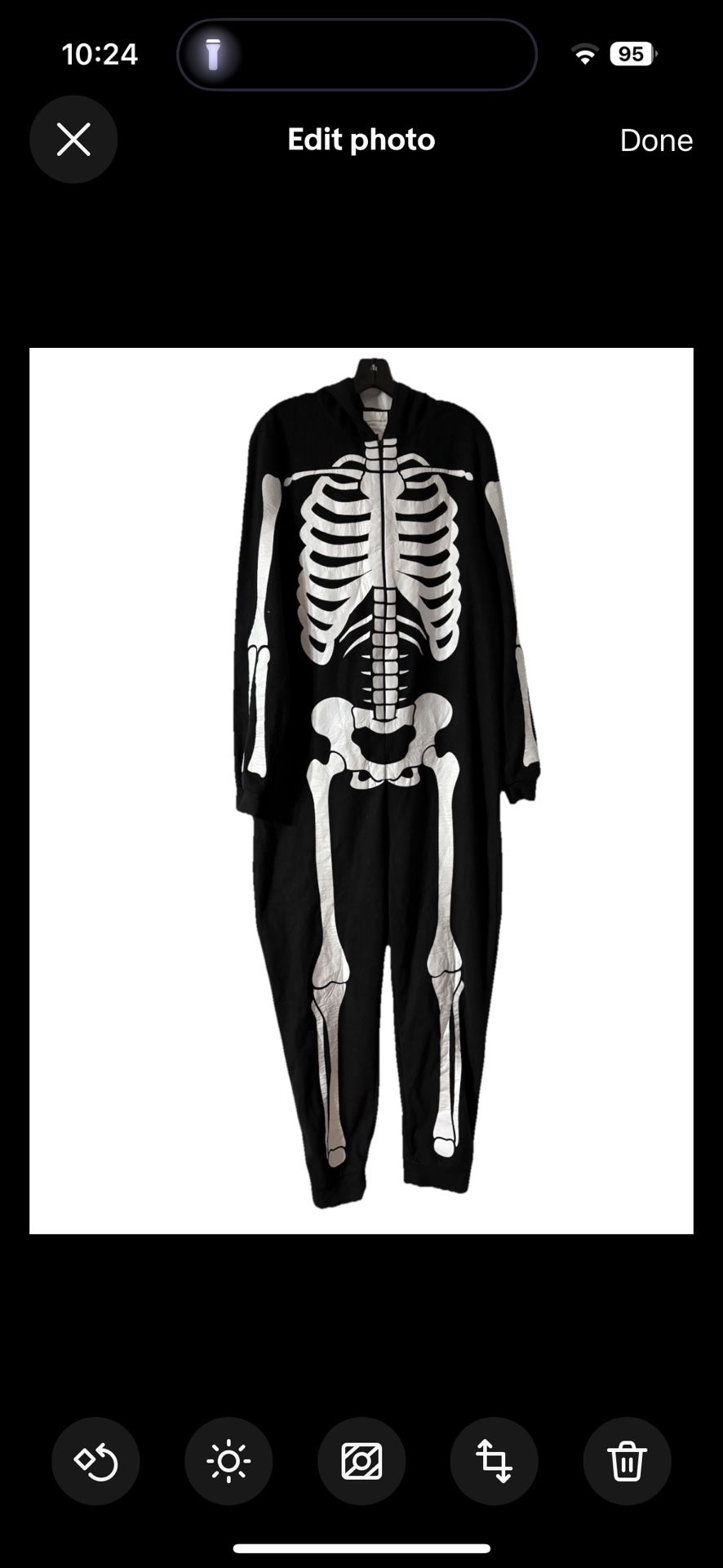 Halloween Skeleton Jumpsuit One Size Halloween Costume. Adult  M-L Black/white, one size see measurements carefully, zipper up, unisex men or women’s,