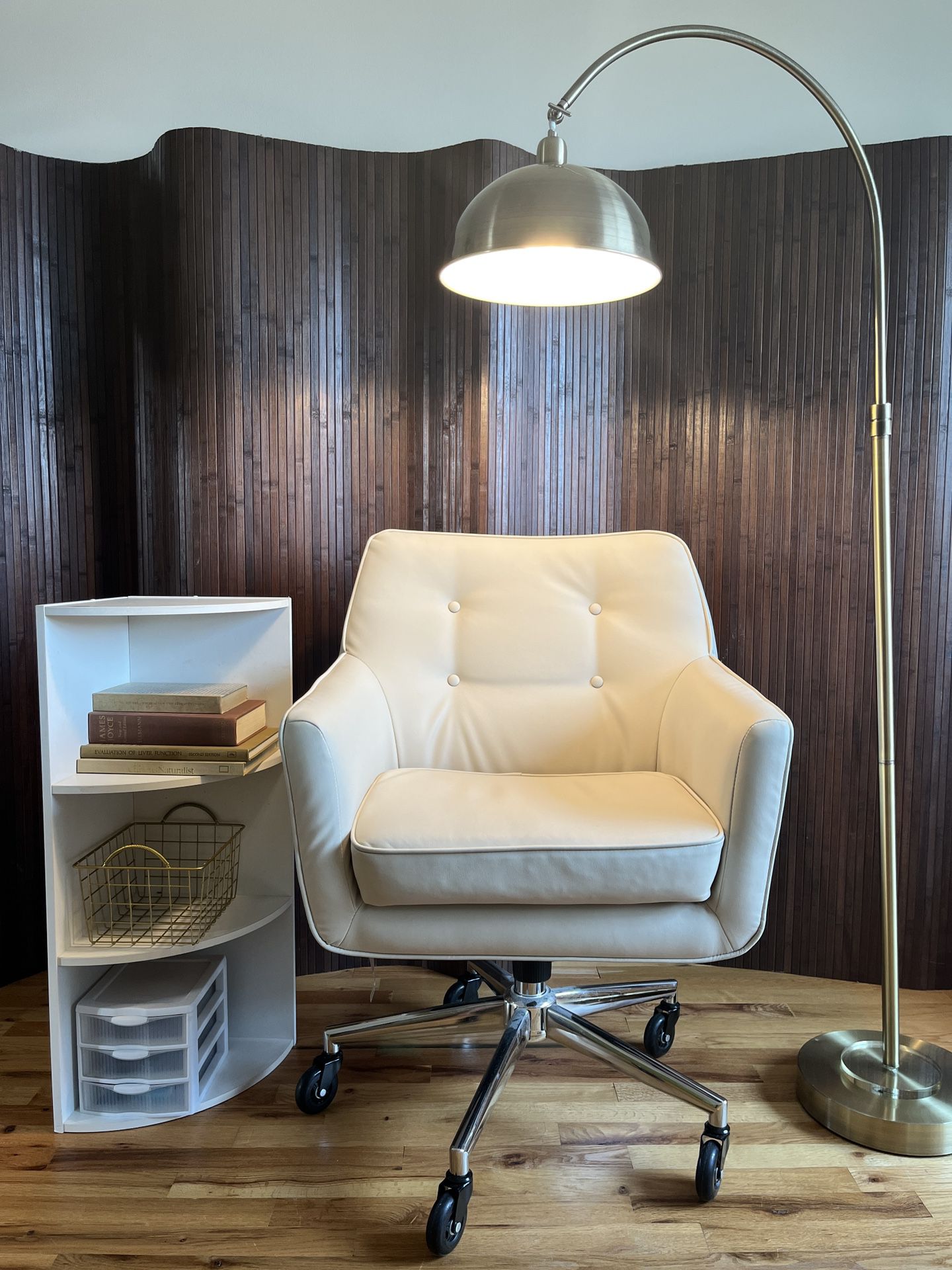 modern study set (memory foam desk chair, brass lamp, corner shelf)