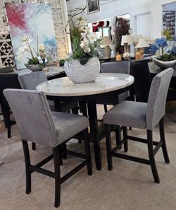 42" ROUND COUNTER TABLE-ESPRESSO/FAUX MARBLE + 4 GREY STOOLS