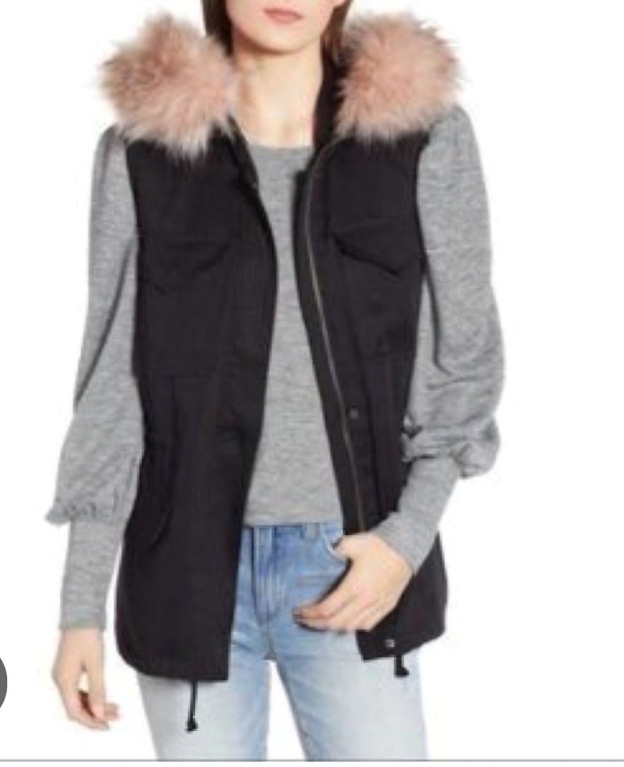 BB Dakota Womens Black Get Your Swagger On Hooded Faux Fur Trim Vest Size SMALL