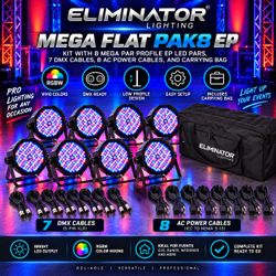 Eliminator Lighting Mega Flat PAK8 EP Kit with 8 Mega Par Profile EP LED Pars, 7 DMX Cables, and Bag
