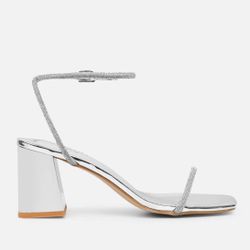 Silver Mirror Diamante Low Block Heeled Sandals