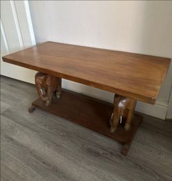 1950s Solid Wood Elephant Carved Accent Table • Detailed Twin Elephant Base