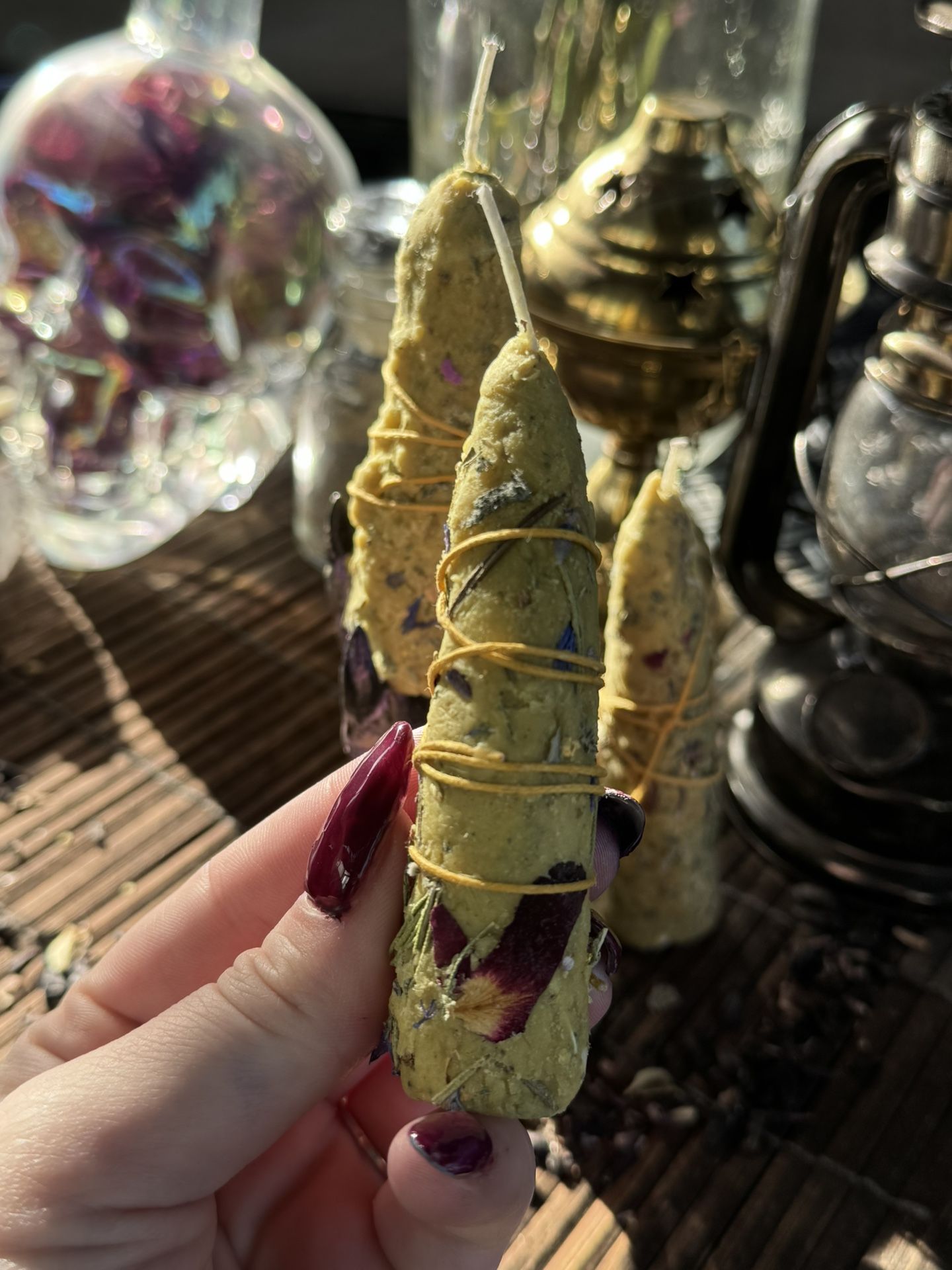 herbal beeswax altar candle hand rolled