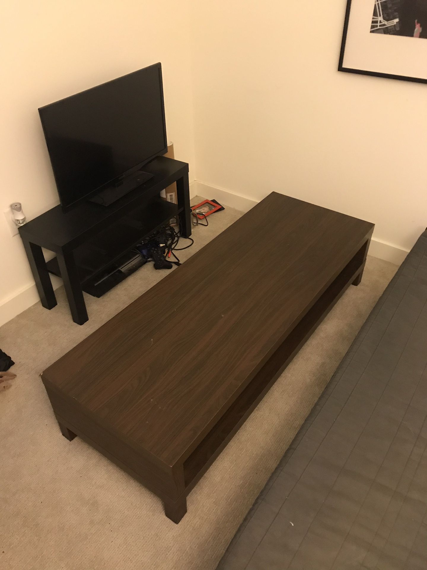 TV, TV stand, and coffee table