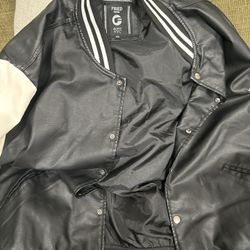 Fried Denim NYC Women’s Varsity Bomber Jacket – Black & White Faux Leather, Size 2X