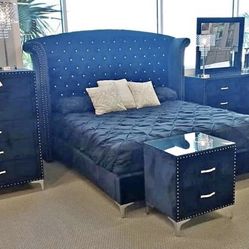 Lucinda Black Velvet Diamond 5 PC. Queen Size Bedroom Set . Brand New . MATTRESS SET IS NOT INCLUDED .