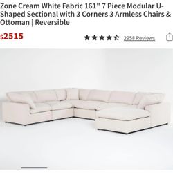 Zone Cream White Fabric 161" 7 Piece Modular U-Shaped Sectional with 3 Corners 3 Armless Chairs & Ottoman Reversible