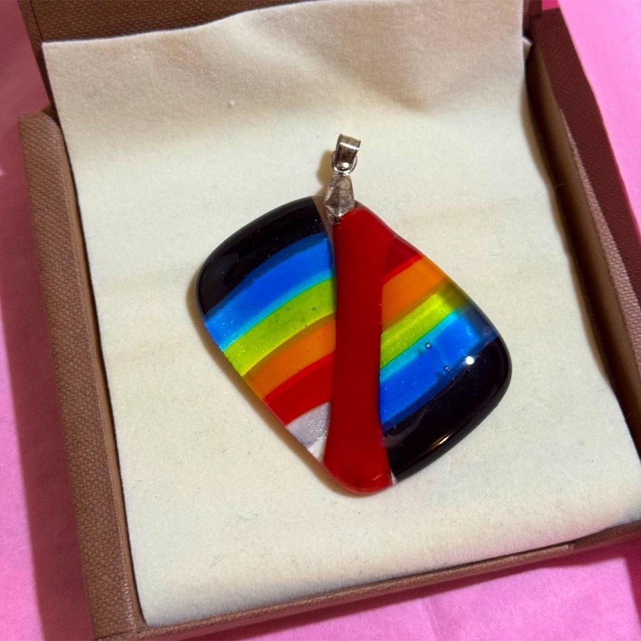 Artisan Made Multicolored Large 2” Fused Glass Square Pendant w/925 Silver Slide