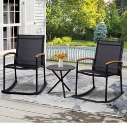 3 Piece Outdoor Rocking Bistro Set, Textilene Fabric Small Patio Furniture Set, Front Porch Rocker Chairs Conversation Set with Table for Lawn, Garden
