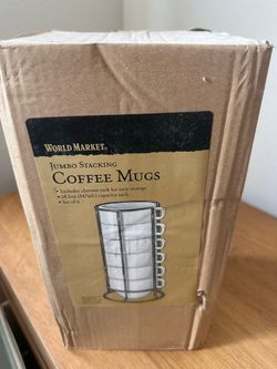 World Market Jumbo Stacking Coffee Mugs Set of 6 — 18.5 oz + Chrome Rack (NIB)