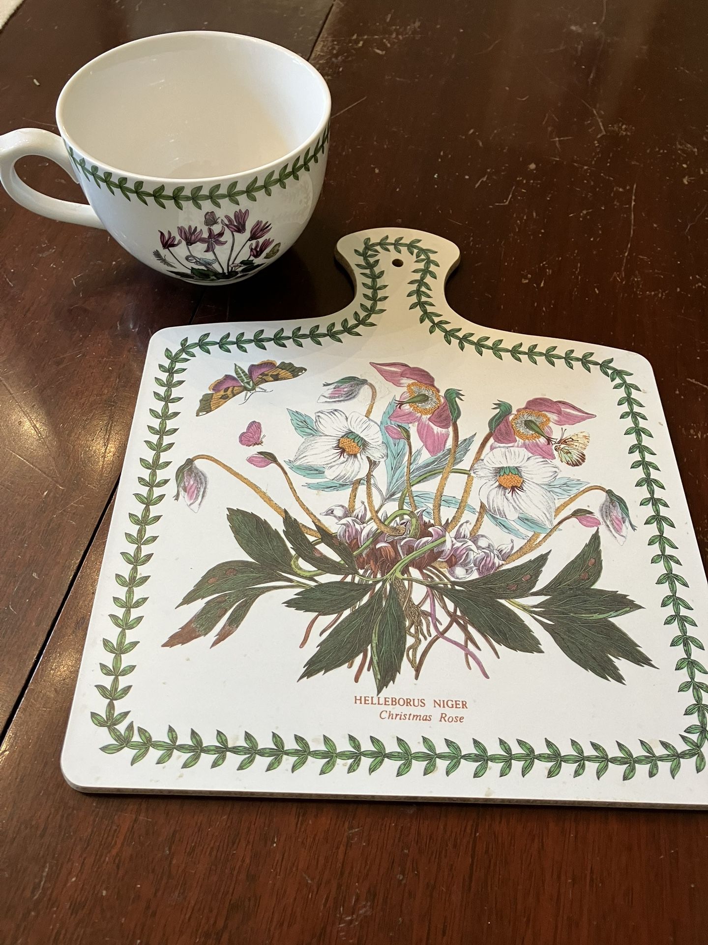 PORTMEIRION Botanic Garden Melamine Cutting Chopping Board Christmas Rose & Large Cup England Kitchen Vintage Decor