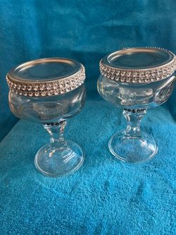 2 Mason Jar Pedestal Jars w Rhinestone Lids