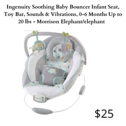 ngenuity Soothing Baby Bouncer Infant Seat, Toy Bar, Sounds & Vibrations, 0-6 Months Upto 20 lbs - Morrison Elephant/Elephants 