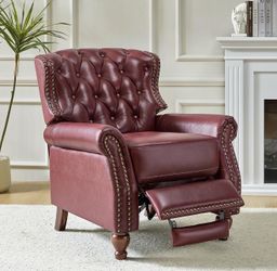 HULALA HOME Genuine Leather Recliner Chair with Solid Wood Feet, Modern Adjustable Tufted Push Back Arm Chair w/Rivet Decoration, Home Theater Seating