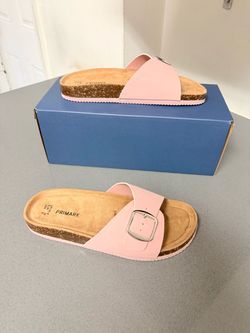 Light pink buckle slide sandals adjustable comfortable cork footbed size 9
