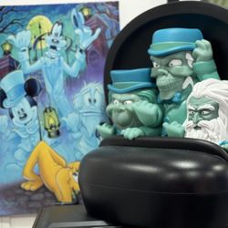Disney Haunted Mansion Large Ghost Figures in Ride Cart and a Canvas Framed Haunted Mansion Disney Characters. Ghost in Cart Light up.  In Brand New C
