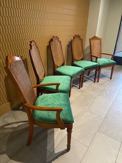 Set of 4 Designer Upholstered Cane Back Dining Chairs with Green Upholstery