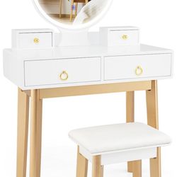 CHARMAID Vanity Table Set with Lighted Mirror, Makeup 4 Drawers 4 Color Light