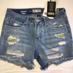 REWASH RIPPED BEDAZZLED JEAN SHORTS SIZE 1/25
