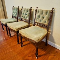 Victorian Eastlake Elegant Chairs -  Carved Frame - Set of 3 with Casters