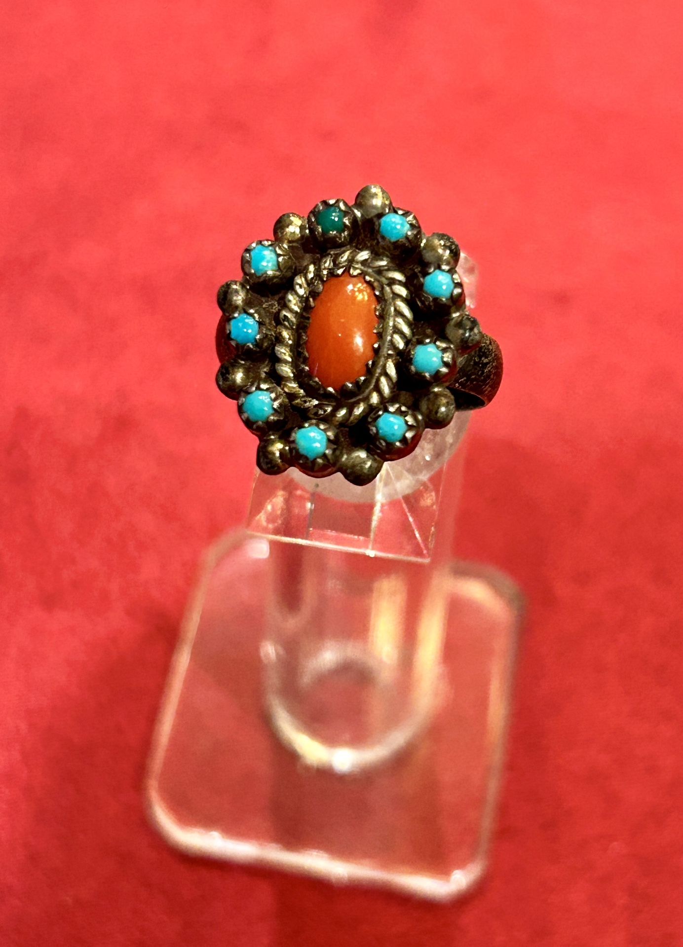 Vintage Native American Turquoise & Coral Cluster Sterling Silver Ring