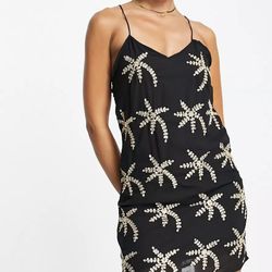 Bonheur D’amour Black and Gold Embroidered Chiffon  Slip Dress Women’s Sz  Large NWT