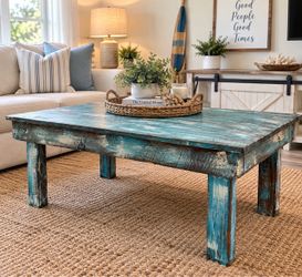 Rustic coastal Distressed Teal Wood Coffee Table