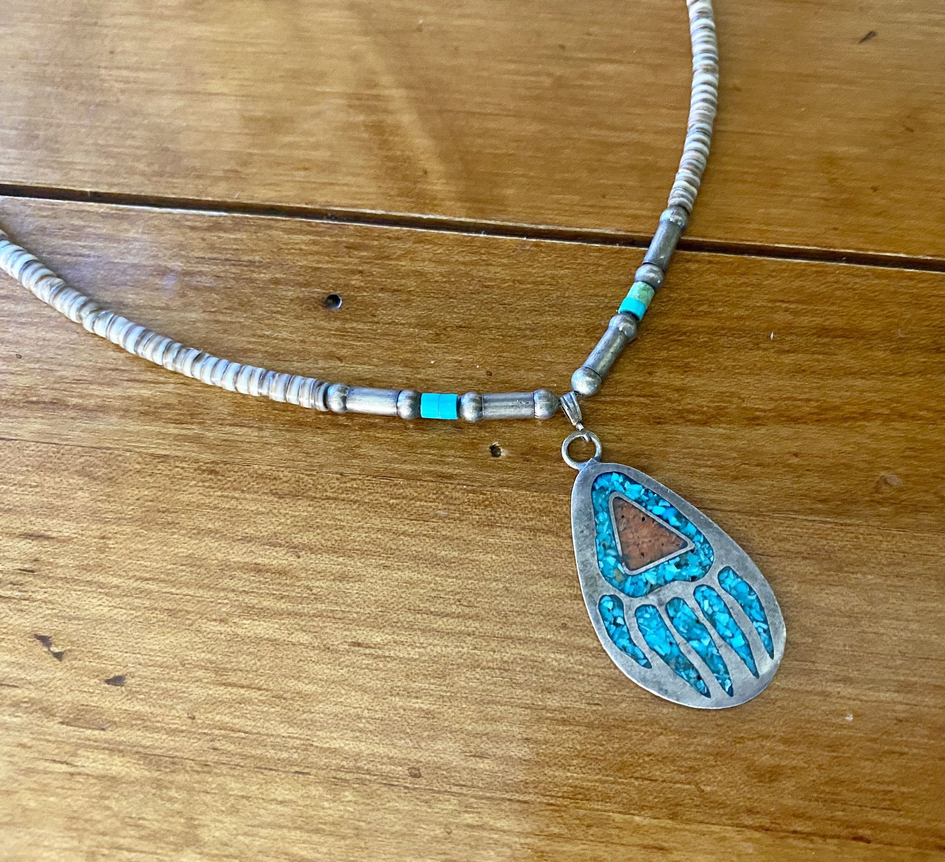 Vintage Sterling Silver, Shell, and Turquoise Heishi Necklace