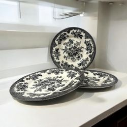 Royal Stafford England Asiatic Pheasants Black Transferware Salad Plates 3 Pc.