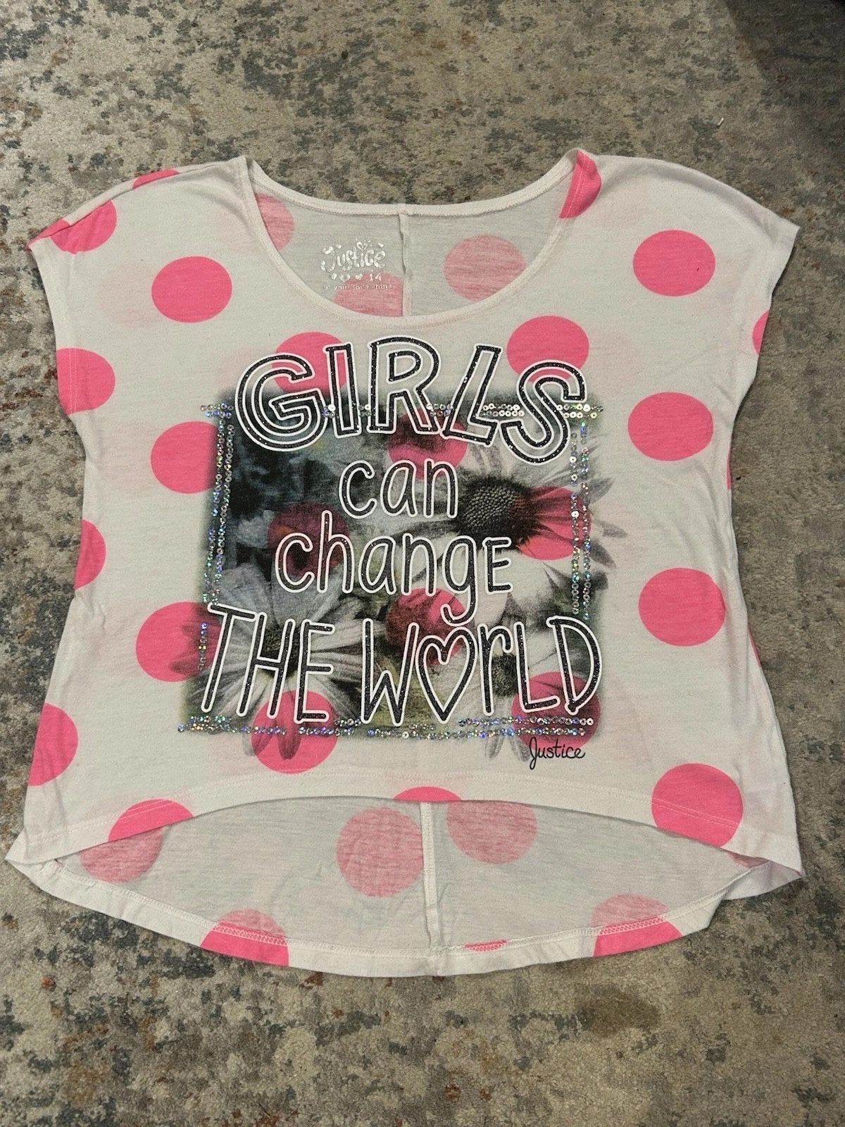 Justice Girls Size 14 White Pink Polka Dot Cap Sleeve Graphic Tee Sequins Hi Low